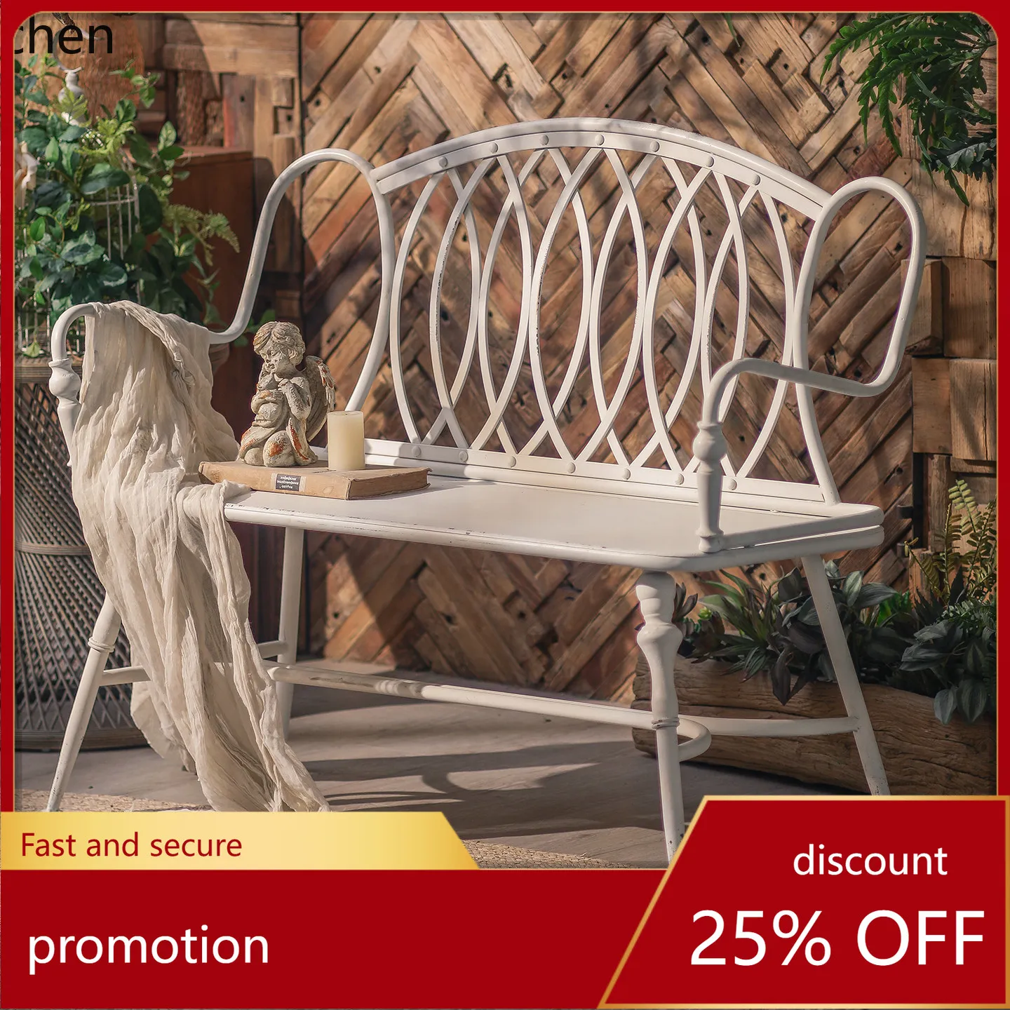 

HXL Iron Art Outdoor Garden Courtyard Leisure Long Bench with Backrest