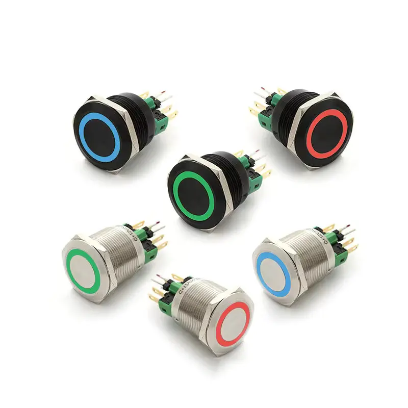 ELEWIND 22 مم ألومنيوم أسود/فولاذ مقاوم للصدأ RGB LED مفتاح بـزر دفع، 3 ألوان حلقة، مؤقتة، 12 فولت (PM221F-11E/RGB/12V/S)