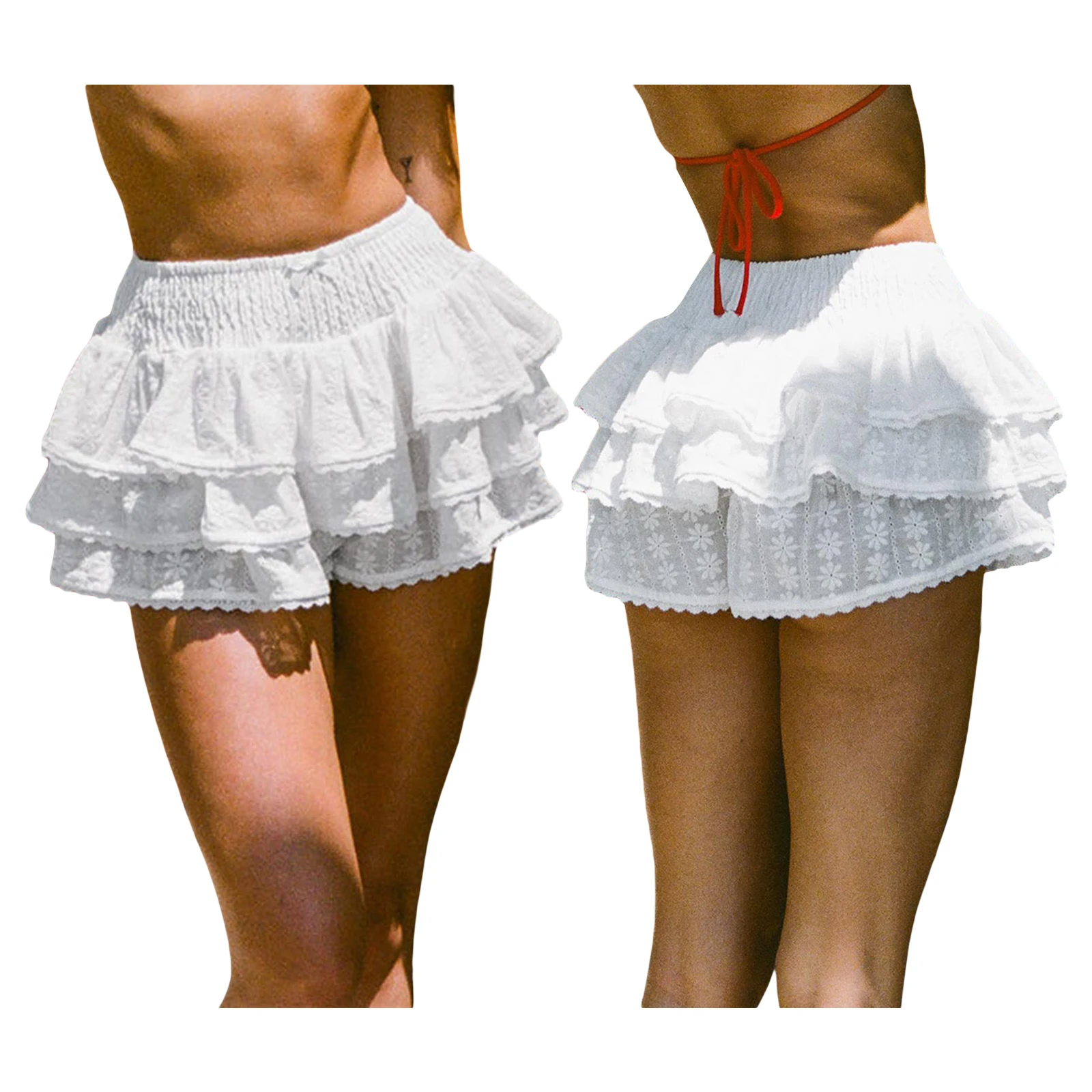 Plissado mini saias femininas, cintura alta floral shirred, em camadas babado bainha shorts, saia curta plissada