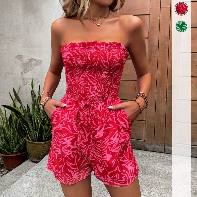 

Summer new women's fashionable temperament casual vacation beach one shoulder elastic printed strapless jumpsuit