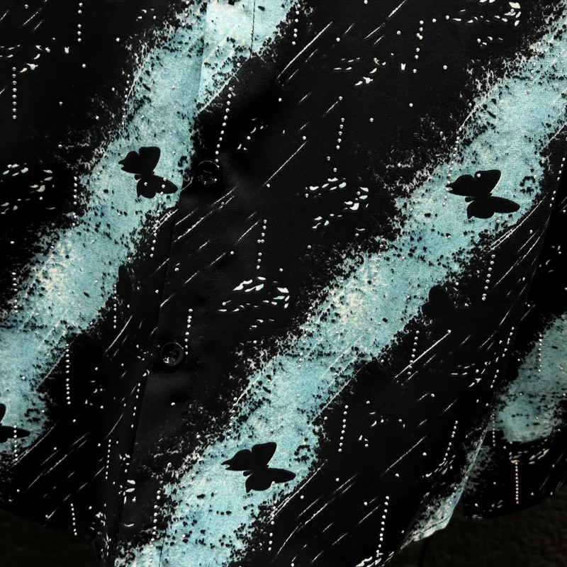 WVGA Summer New Men's High-end Butterfly Printed Long Sleeved Shirt Stylish Trendy Starry Diamond Embellishments Tops Ins W25238