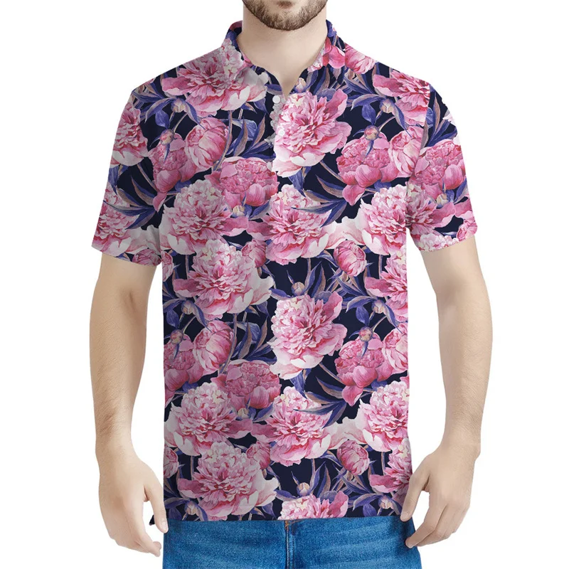 Fashion Peony Rose Flower Graphic Polo Shirt Men Women 3d Printed Floral Tee Shirts Casual Button T-shirt Lapel Short Sleeves