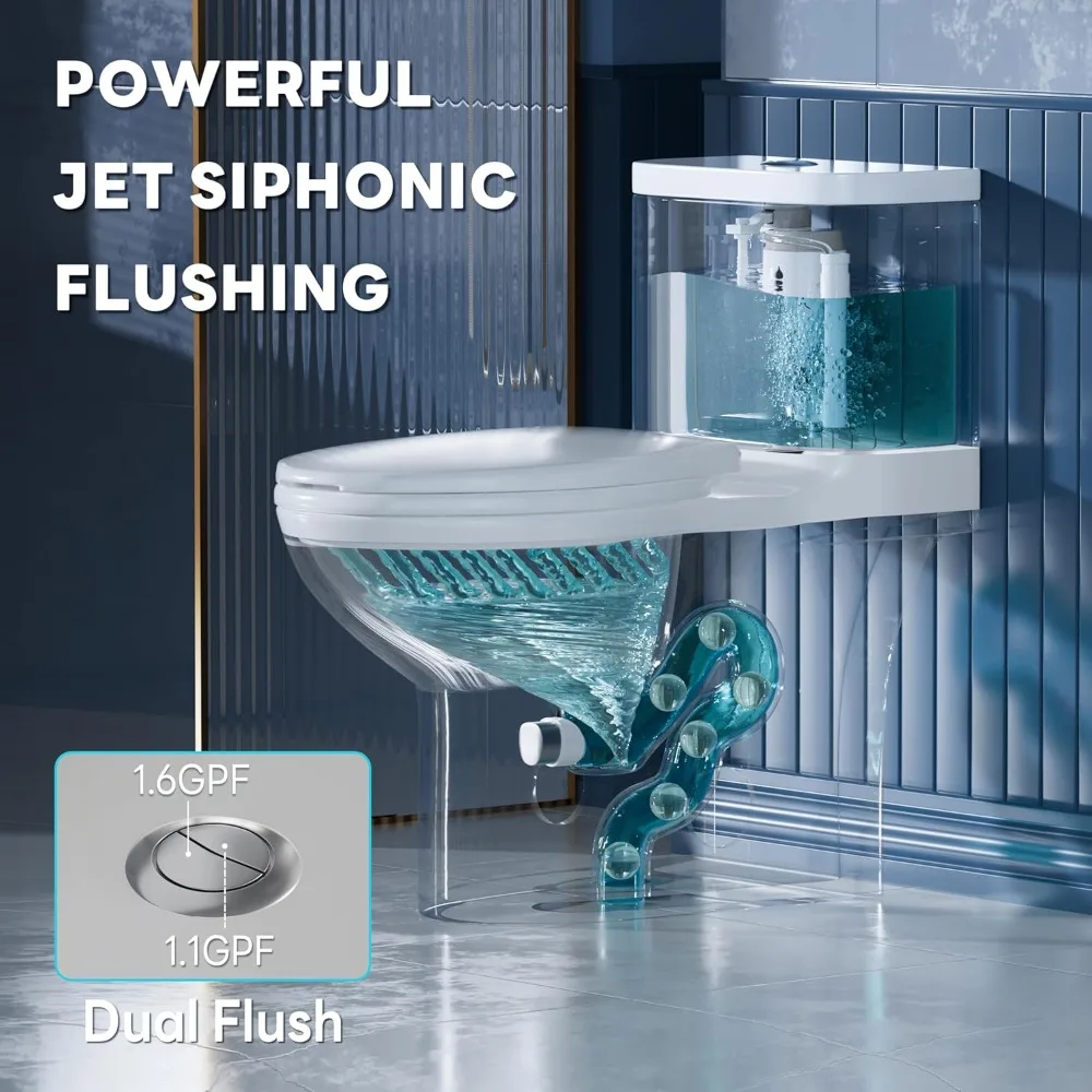 

ADA Compliant Elongated One Piece Toilet with 17.3 Inch Comfort Height Seat Modern Bathroom Toilet Dual Flush 1.1/1.6 Gallon Cus