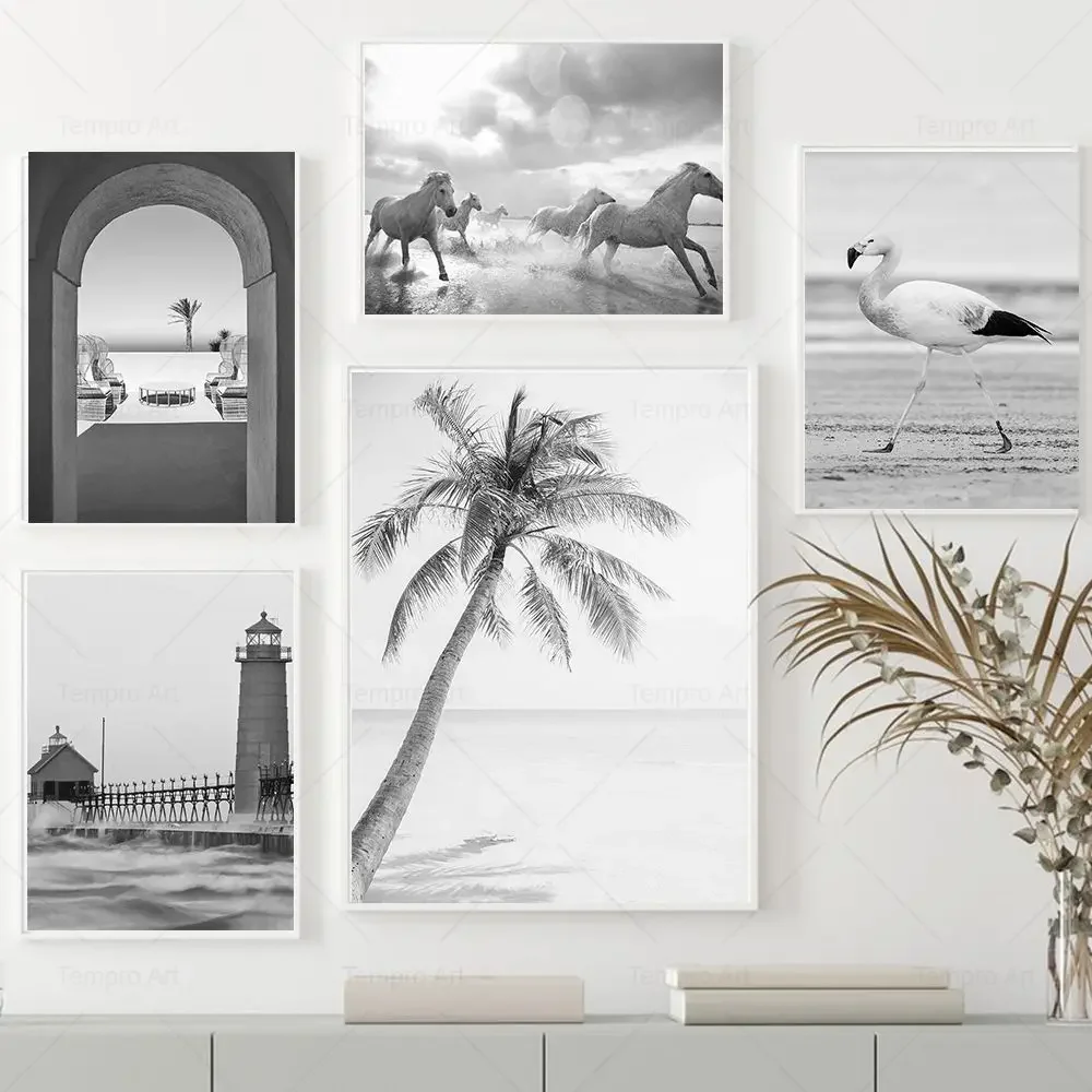 Frameless Canvas PaintingBeach Sea Palm Boat Horse Flamingo Black White Wall Art Picture Surf Canvas Painting Nordic Posters And
