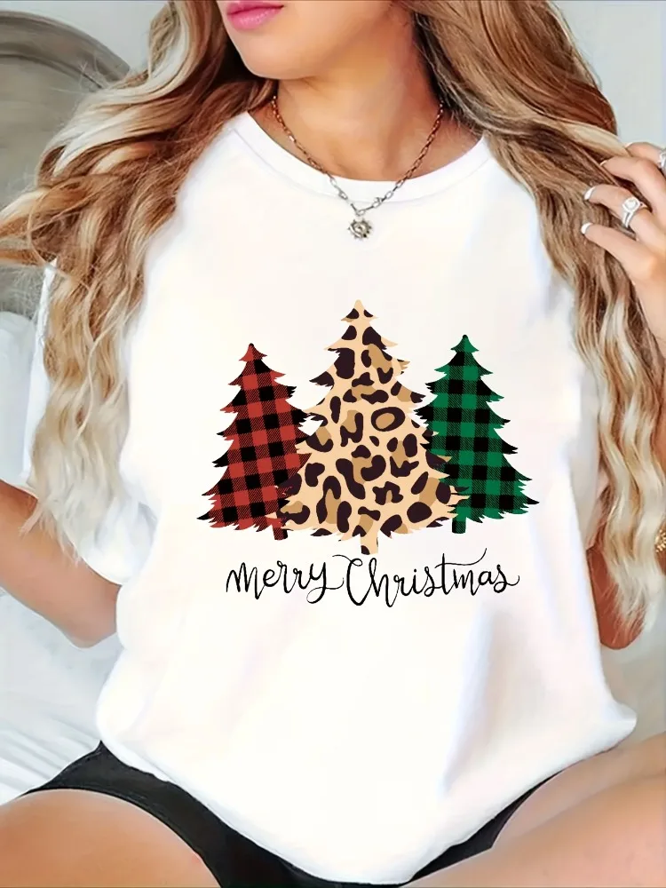 

Women's Casual Patterned T-Shirt Christmas Tree Leopard Print Plaid Pattern Fashionable Loose-Fit Crew Neck Short Sleeve Top
