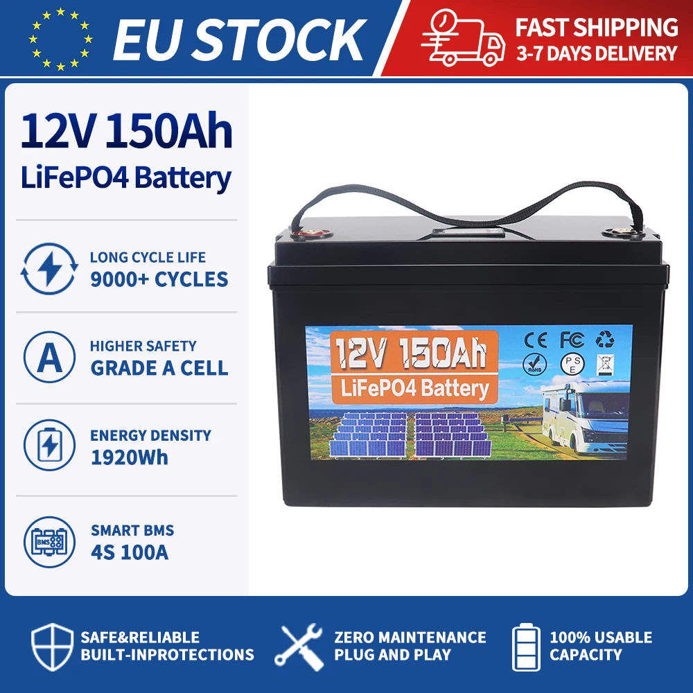 12V Lithium-ijzerfosfaatbatterij 100Ah 150Ah 350Ah Nominale capaciteit LiFePO4-batterij 100A BMS Zonne-energie Draagbaar Oplaadbaar 9000 cycli levensduur