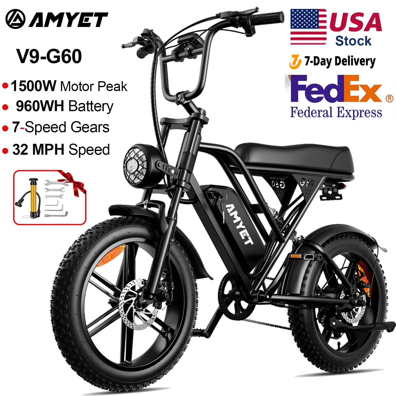 AMYET V9-G60 Adults Electric Bike 1000W Motor Bicycle 48V 20AH 20 Inch Tire Ebike Electric E Bikes Mountain Moped Ebikes For Men