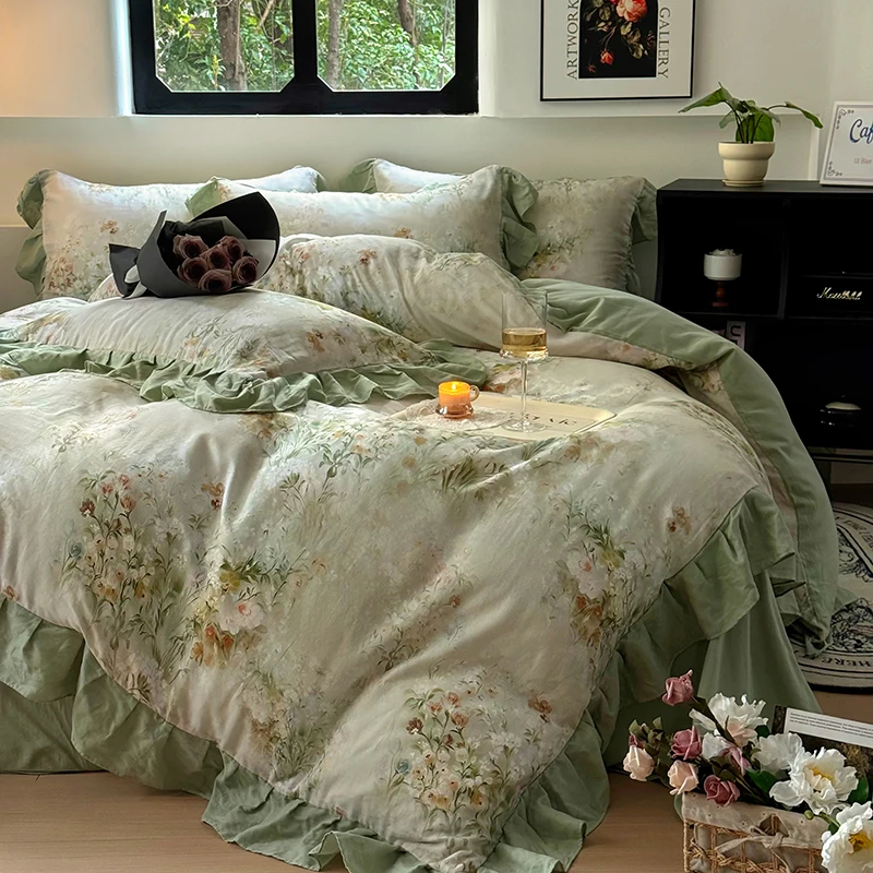

Nordic Bedding Sets 100% Cotton Floral Flat Bed Sheet Set 2 Pillowcases Skin-Friendly Queen King Double Size Bed Linen Set