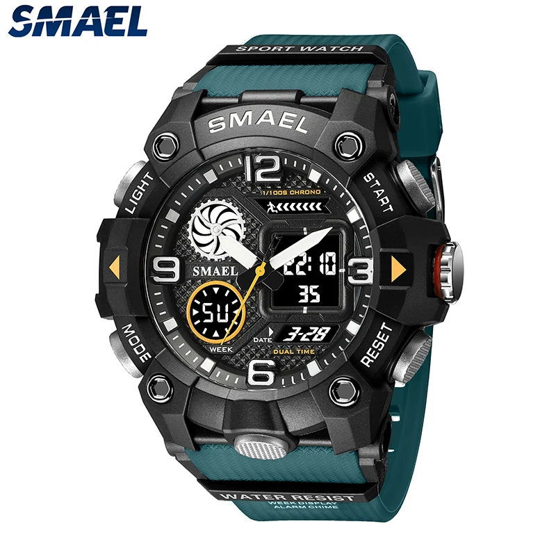 SMAEL-Montre de Marque Étanche à 50m pour Homme, Rétro-Éclairage LED, Affichage de la Semaine, Réveil, Montre-Bracelet à Quartz Décontractée, Montres de dehors, 8055