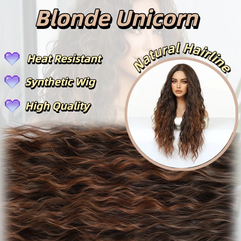 Blonde Unicorn Brown Ombre Curly Synthetic Wig for Women Middle Part Long Voluminous Heat Resistant Hair for Daily Party Cosplay