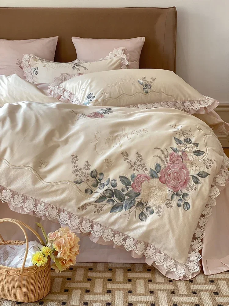 Four-Piece Retro Pure Cotton Satin Plant Flower Embroidery  Exquisite Lace Patchwork Ruffled Quilt Cover Bedding Spring  Autumn