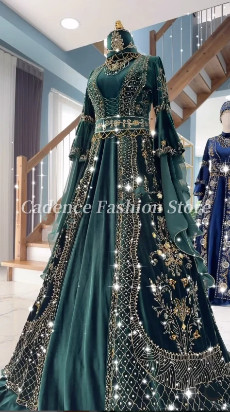 Maßgeschneiderte Luxus Hunter Green Traditionelle Dubai Abendkleider Spitze Applikation Partykleider Arabische Robe Ballkleider
