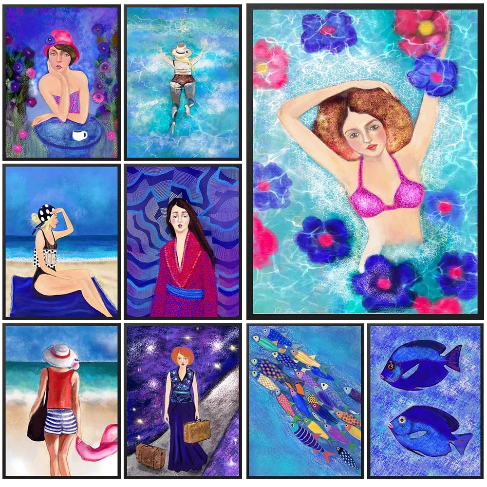 Watercolor Girl on Vacation Sea Scenery Fish Poster Wall Art Canvas Painting Home Decor Wall Pictures For Living Room Unframed