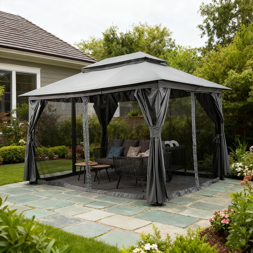 

Luxury Morden Outdoor Backyard Patio Shade Canopy Pavilion Steel Aluminum Gazebo With 4-side Mosquito Netting