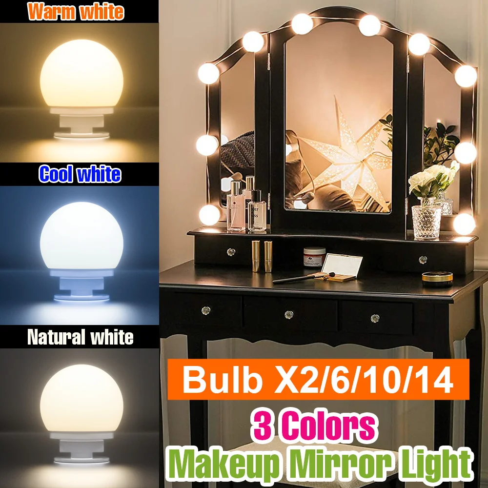 

3 Colors LED Makeup Mirror Lights USB Dressing Table Lamp Touch Dimmable DC5V Bathroom Mirror Bedroom Decoration 2/6/10/14 Bulbs