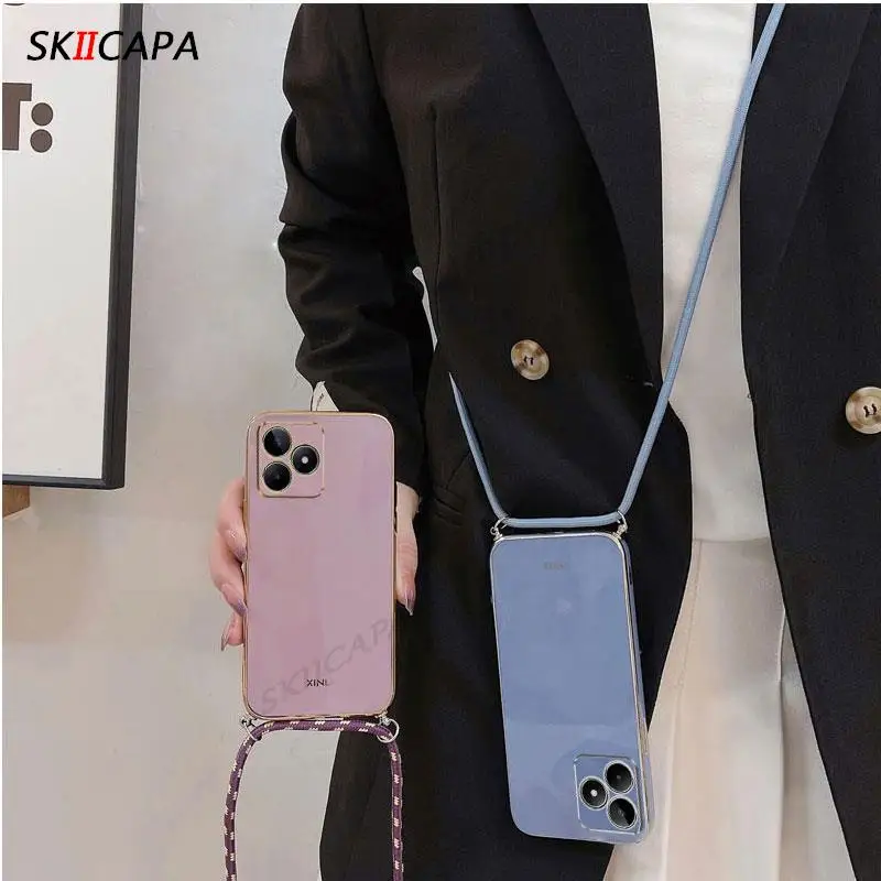 Coque en silicone plaquée lanière souple C53, pour Realme C53 C55 C33 C35 C31 C30 C25Y C21 C20A V23, couverture de chaîne de cordon de collier à bandoulière