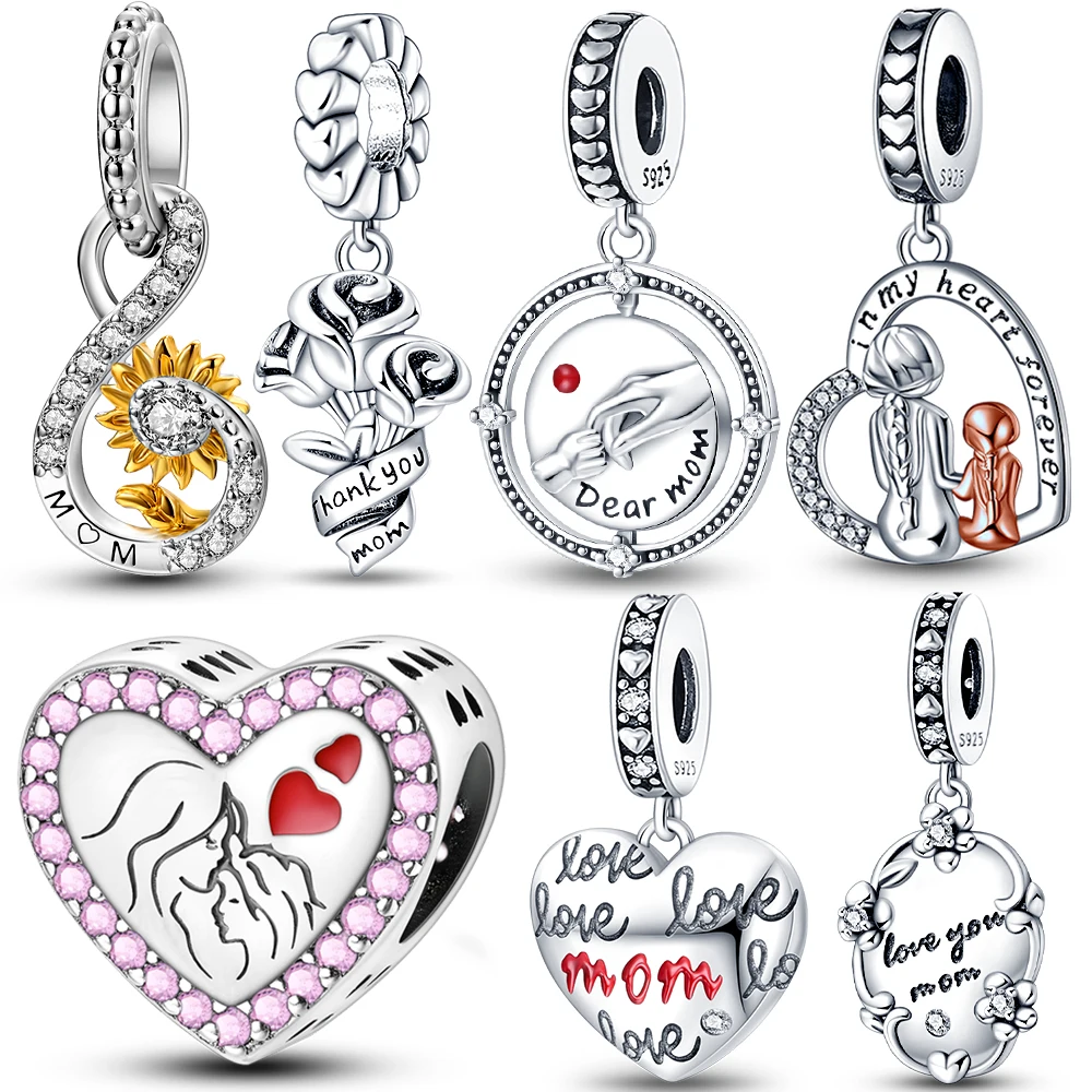 2024 New 925 Pure Silver Love Your Mom Double Heart Charm Pendant Beads Fit Original Pandora Bracelets DIY Women Jewelry Gift