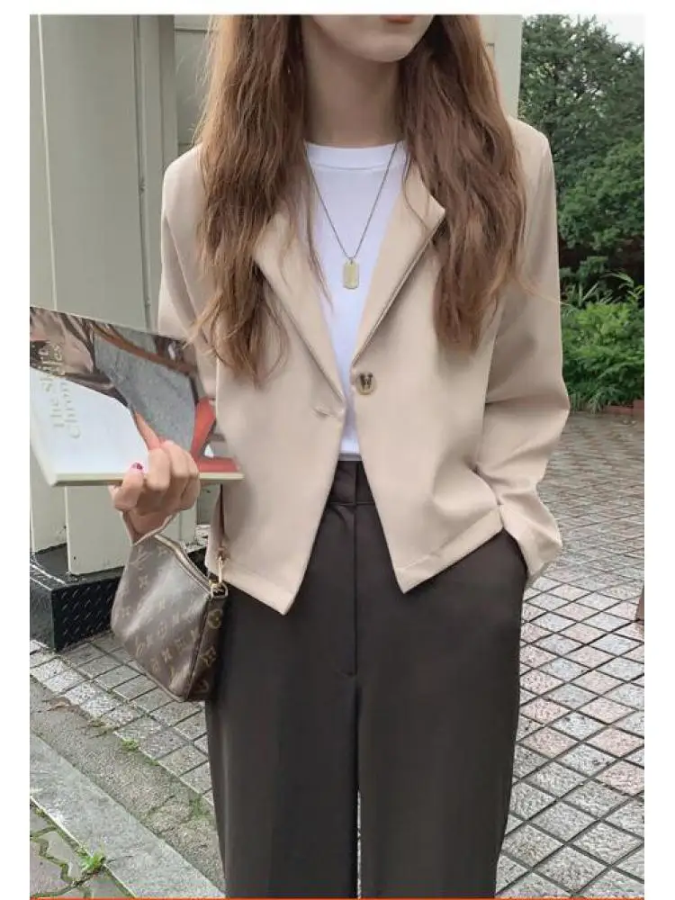 

Short Coat Outerwear 2022 Fall Autumn Spring Long Sleeve Chic Korean Fashion Office Lady Women Work Solid Black Crop Blazer