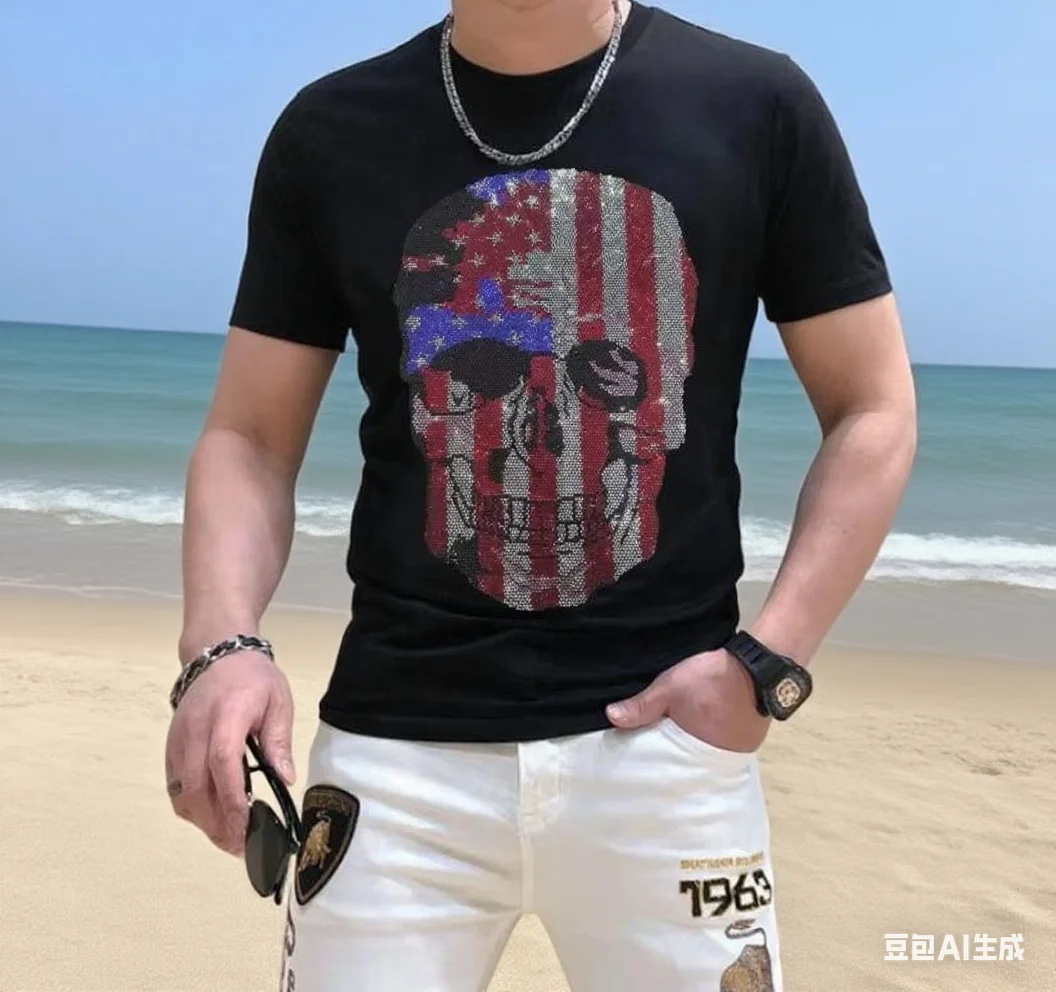 

Модная мужская футболка с коротким рукавом, свободная посадка, S-6XL, уличная одежда, повседневная футболка с рисунком аниме и стразами