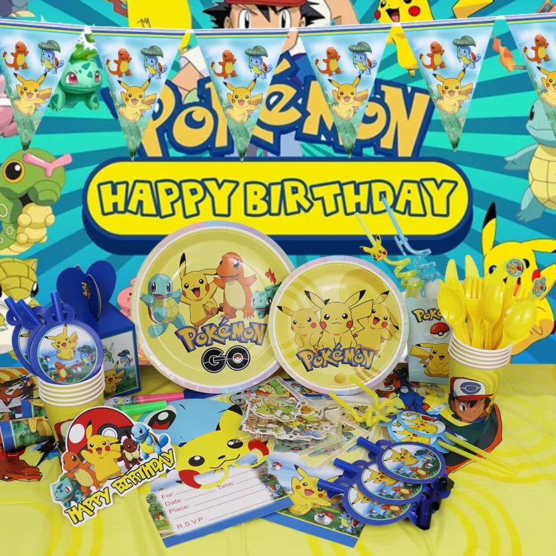 Yellow Pokemon Birthday Party Decoration New Lightning Pikachu Balloon Event Supplies Disposable Tableware Backdrop Banner Plate