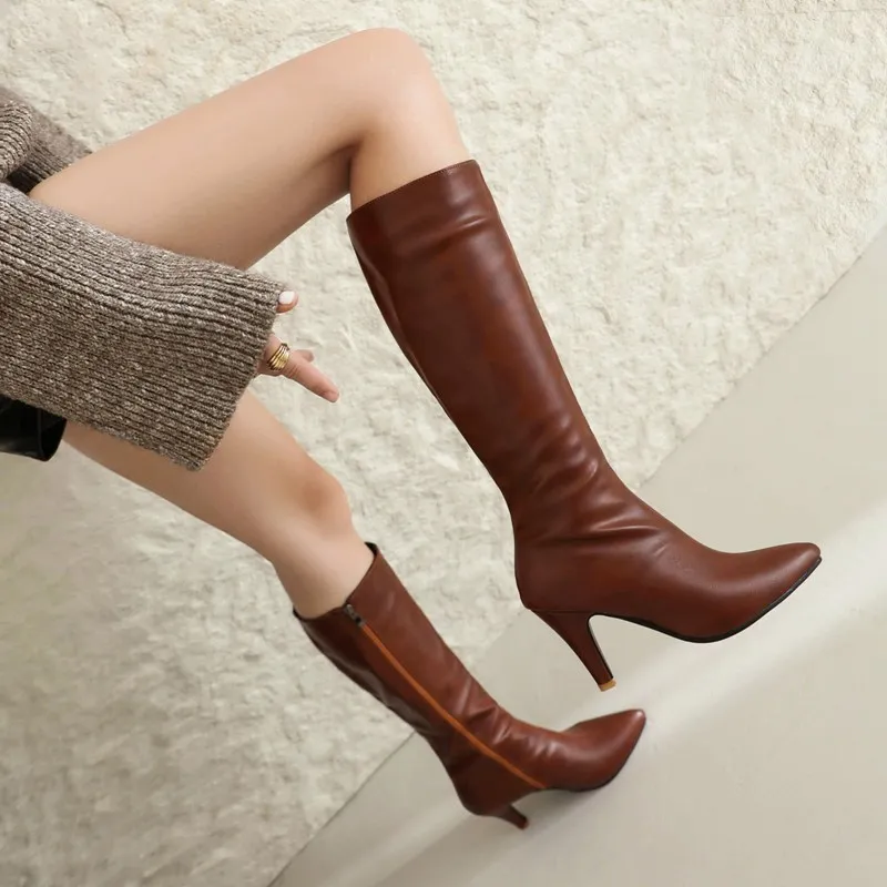 ASILETO Luxury Women Knee High Boots Pointed Toe Small Heels 8.5cm Zipper Plus Size 45 46 47 Fashion Sexy Party Female Booties