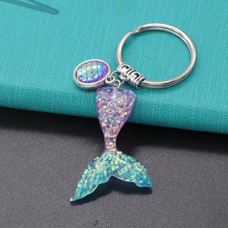 5pcs/lot Shinny Sequins Mermaid Tail Keychain Colorful Fish Scales Pendants Keyring For Friends Sister Party Jewelry Gifts