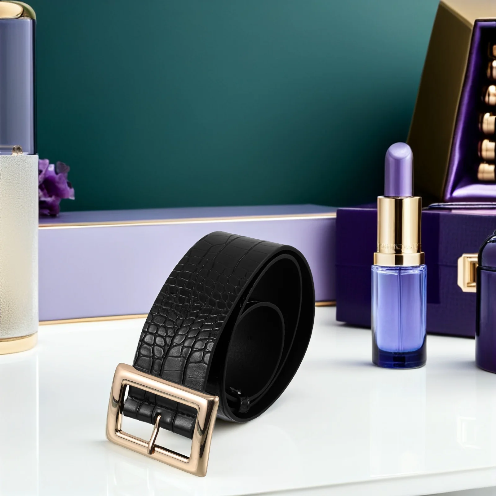 حزام خصر نسائي أسود مزيف بإبزيم مربع قابل للتعديل حزام مشد عتيق عريض حزام فستان أنيق للمساء غير الرسمي #4