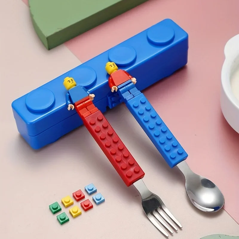 Colorful Building Blocks Spliced ​​forks and Spoons Portable Sealed Student Children's Salad Tableware Food Storage Containe