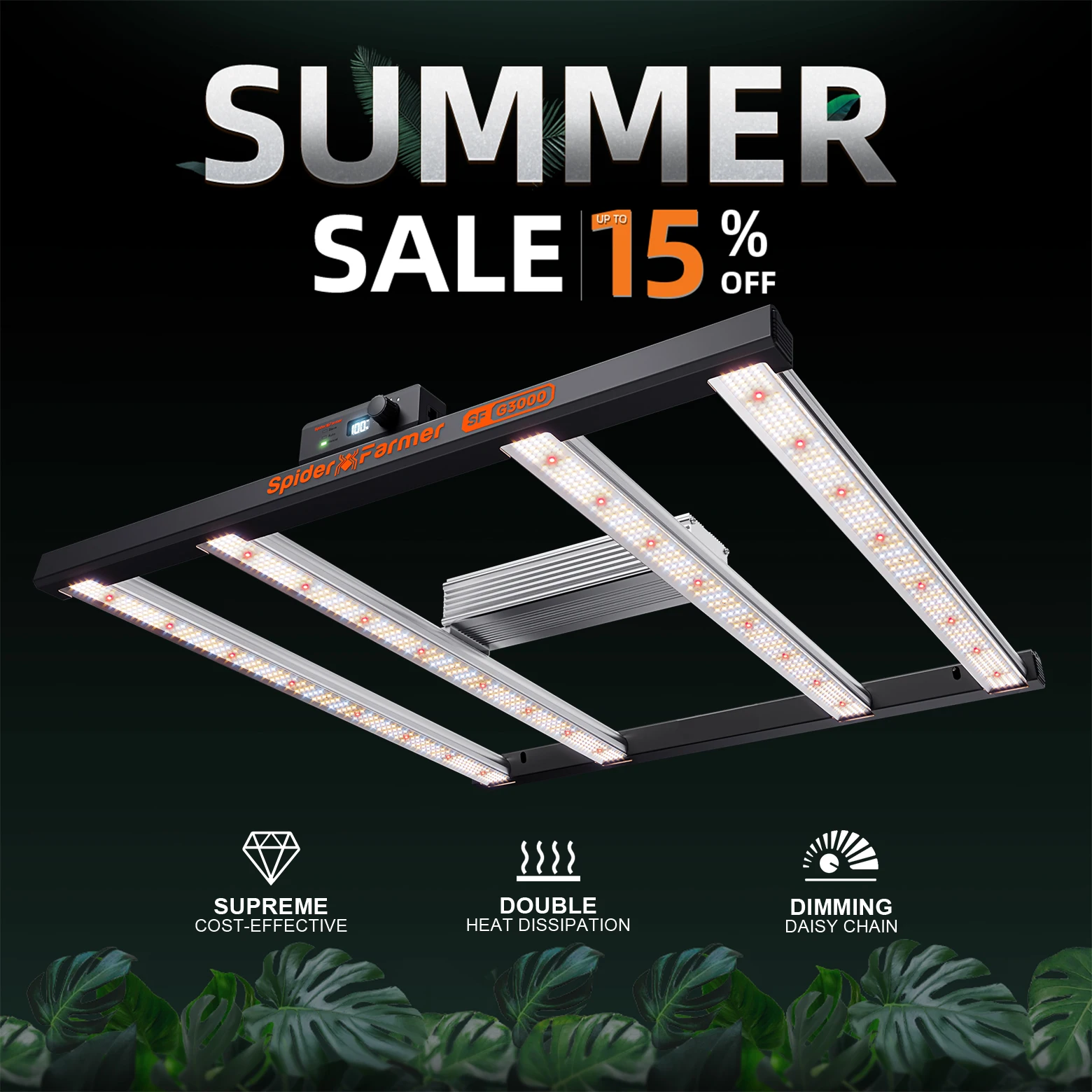 Spider Farmer G3000 300W LED Pflanzenlampe 2,8 µmol/J Hochdichte Bridgelux Vollspektrum Dimmbar für 100x100cm Growzelt