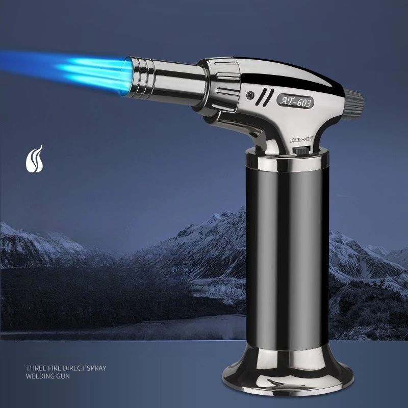 Windproof 3 Jet Blue Flame Butane Gas Turbine Lighter Safety Lock Switch Outdoor BBQ Kitchen Cigar Igniter Inflatable Lighters
