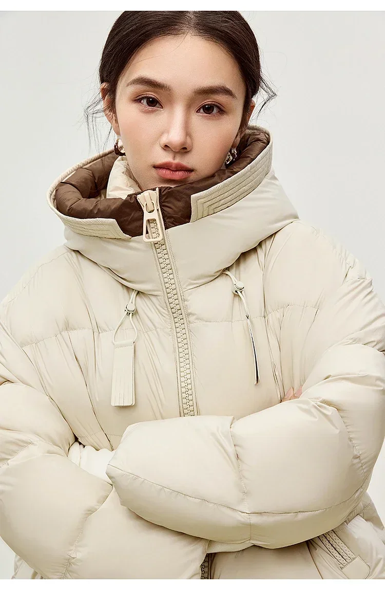 SENTUBILA Hooded Short Down Jacket Women 2024 Winter 90% White Duck Down Short Coats Woman Stand Neck Zipper Outerwear W44Y56085