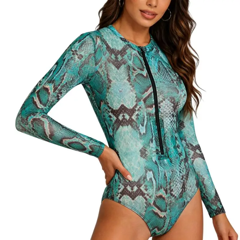 Green Snake Print Long Sleeve One Piece Bikini Set Front Zipper Slim Fit High Cut Bodysuit Swimwear For Women 2026 Summer Beach