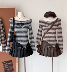 Damski sweter w paski Vintage sweter z dzianiny Y2k 90s estetyczny Harajuku eleganckie swetry z długimi rękawami moda 2000s ubrania jesień