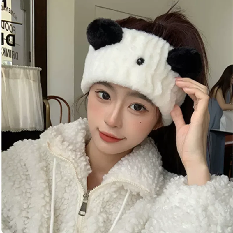 

Ladies And Girls HairCloth Ear Protector Warm Head Wearing Velvet Hairbands Cute Cartoon Style Black White Hair Wrap Decorative