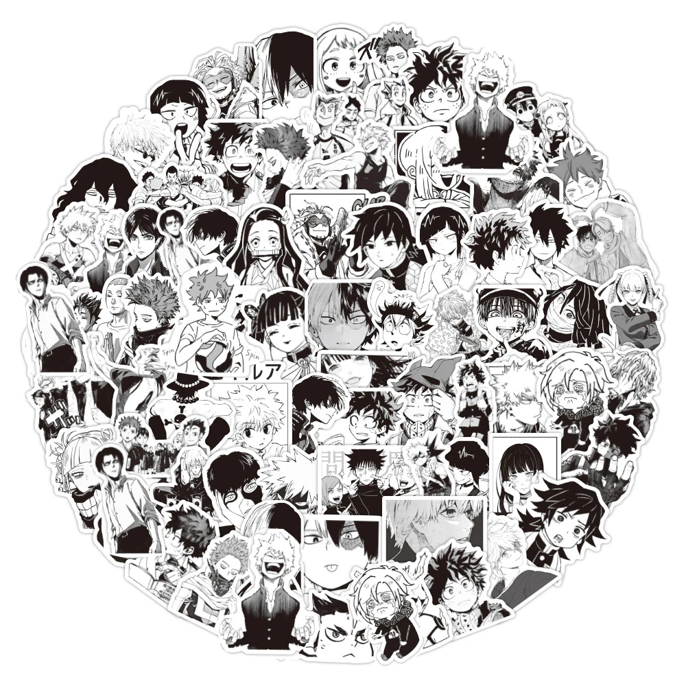 10/30/50/100pcs Mixed Black White Anime Stickers Cool Manga Decals Decoration DIY Water Bottle Phone Notebook Graffiti Sticker