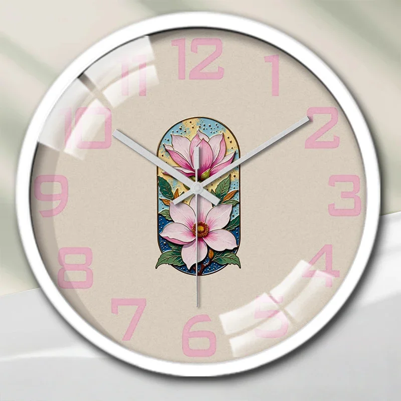Magnolia Art Cartoon Round Silent Hanging Wall Clock, Suitable For Living Room, School, Study Room, Bedroom, Children's Gifts.