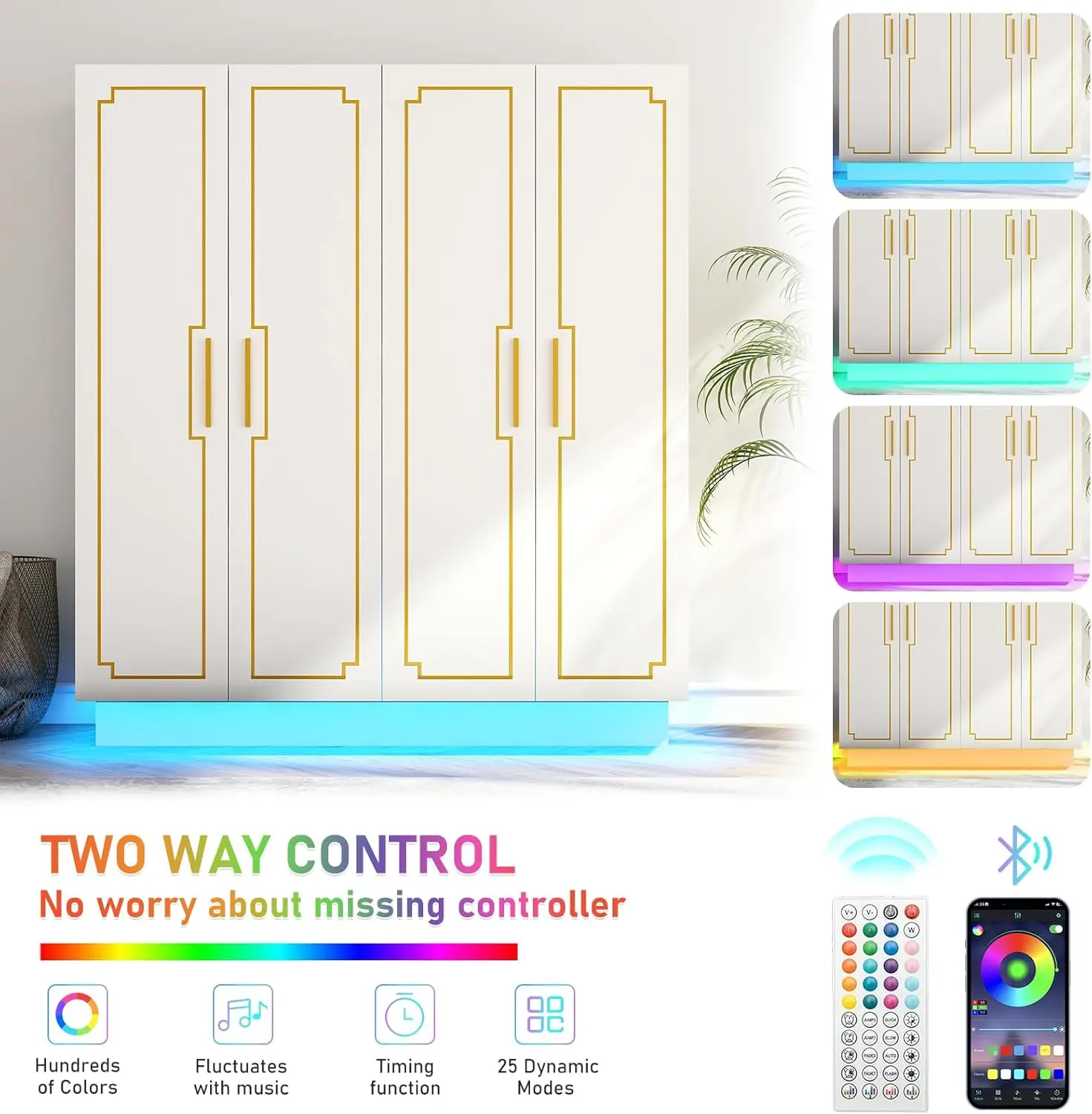 Lemari pakaian lemari LED 4 pintu 70in, lemari & kabinet dengan batang gantung logam, kamar tidur lemari tinggi putih dengan LED RGB 60000 warna