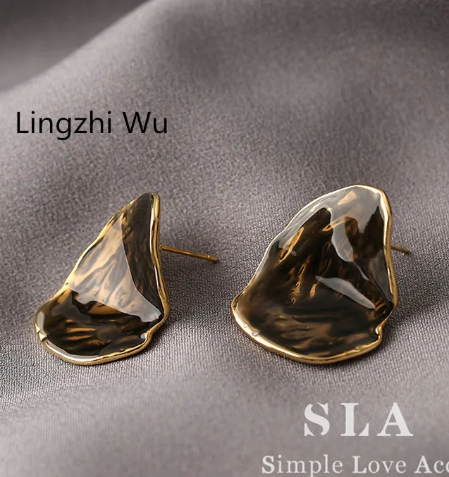 Lingzhi Wu Folds French Earrings for Women, Drip Glaze, Vintage, Gray, Brown, Influencer, New Arrival