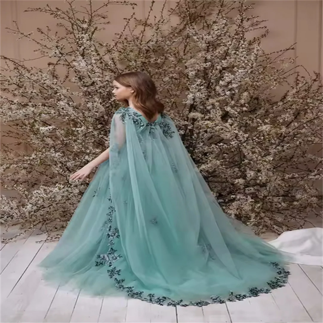 New Chic Shawl Mesh Flower Girl Dress Elegant Three-dimensional Floral Beaded Deep V Tutu Skirt Girls Performance Party