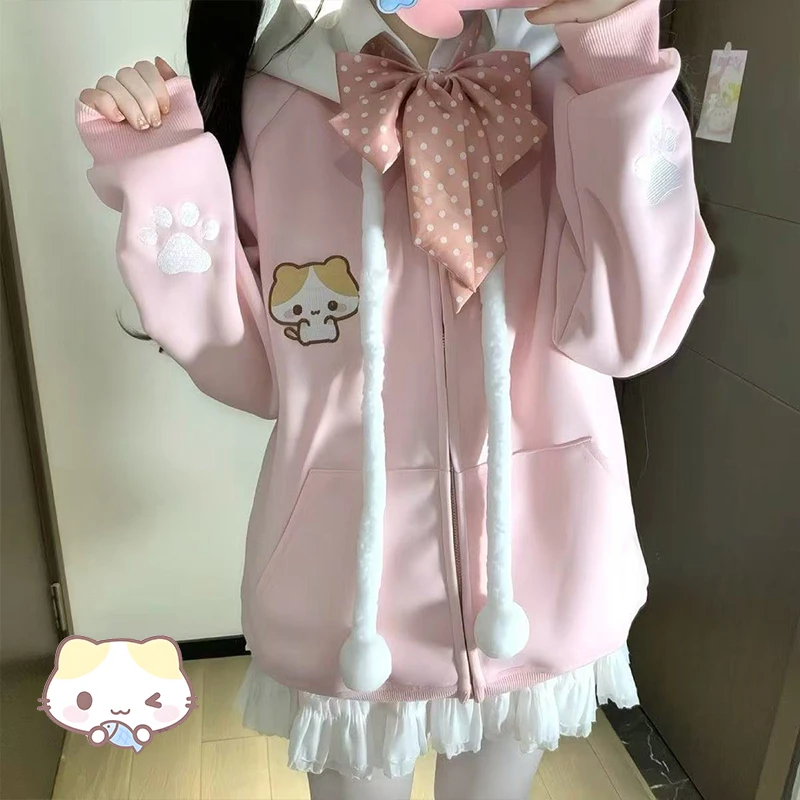 Y2K الحلو التطريز لطيف Harajuku أنيمي القط جاكيتات طويلة الأكمام سترة معطف المرأة ربيع جديد هوديي طالب بلوزات هدية