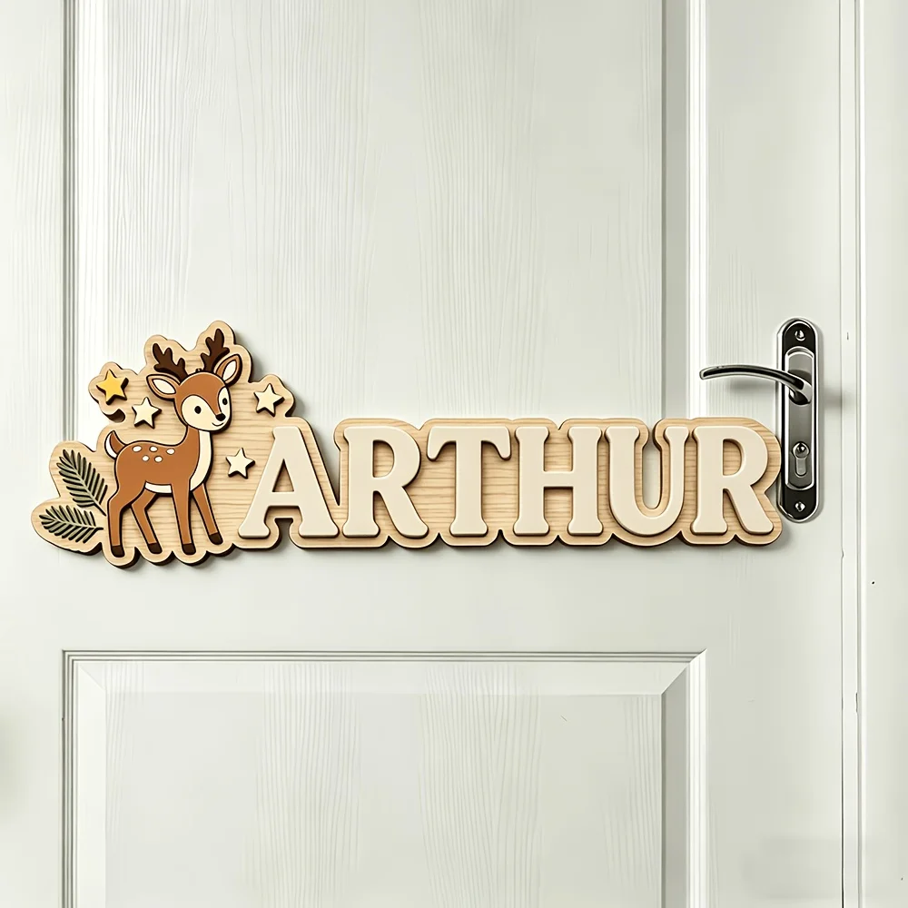Custom Deer & Star Wooden Name Sign, Personalized Woodland Door Plaque, Cute Nursery Bedroom Decor, Lovely Hanging Gift - view 4