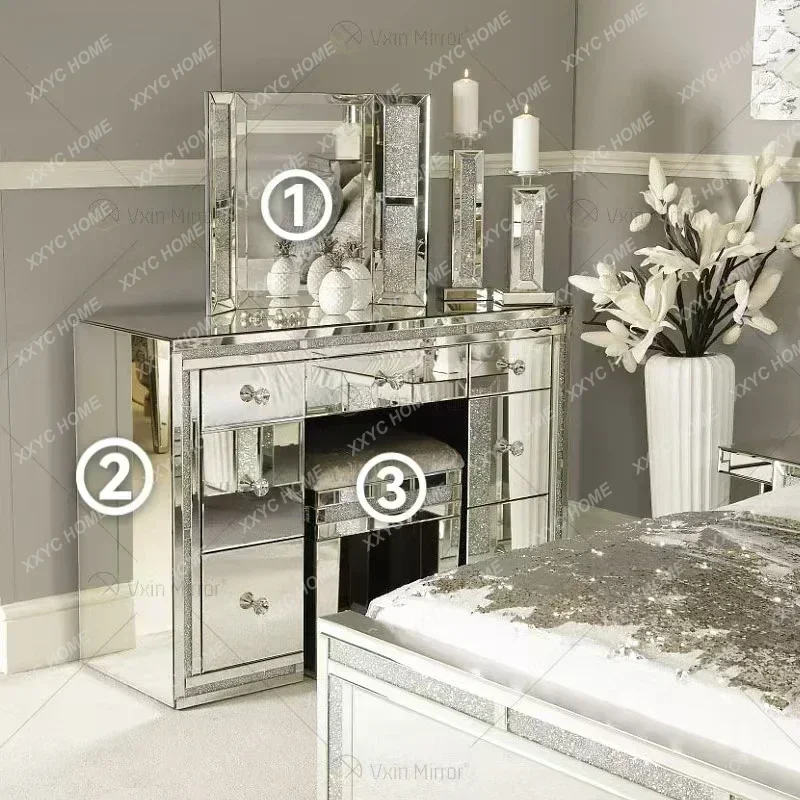 Crystal Shinny Mirrored Frame Decor Vanity Dresser Silver Glass Dressing Table For Bedroom Furniture