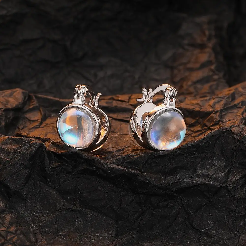 Ohrringe aus 925er-Sterlingsilber, rund, Mondlichtstein, Kreis, Creolen, Ohrschnalle, für Damen, Schmuck, hypoallergen – Detail 3