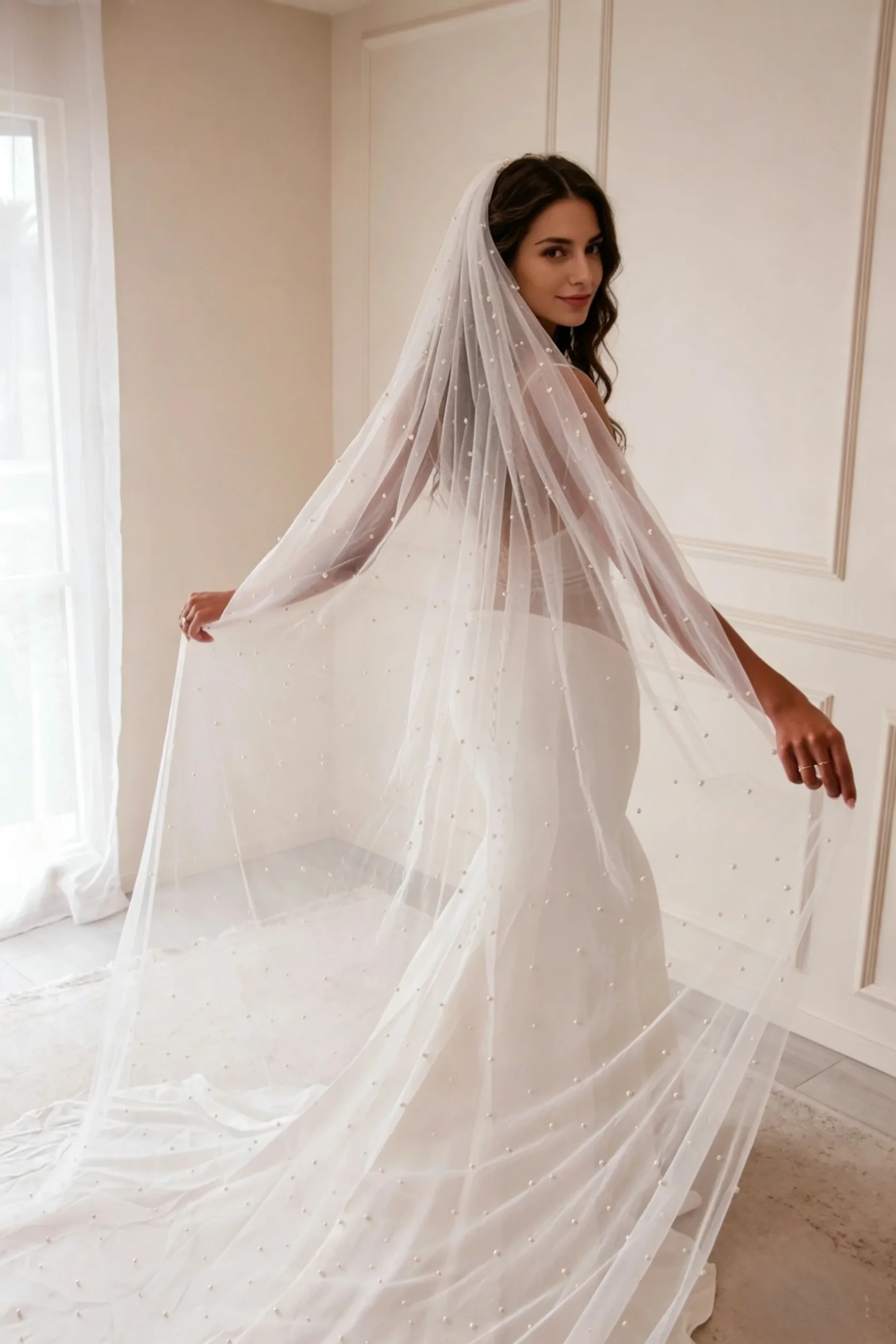 Luxury Cathedral Bridal Tulle Bridal Veil Pearl Wedding Veil with Comb Soft 1 Tier White Ivory Beaded Wedding Veil Hot Sale G05
