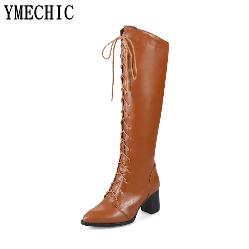 YMECHIC Brown Black Lace Up Cross Tie Womens Boots Pointed Toe High Block Heel Knight Motorcycle Boots Ladies Shoes Plus Size