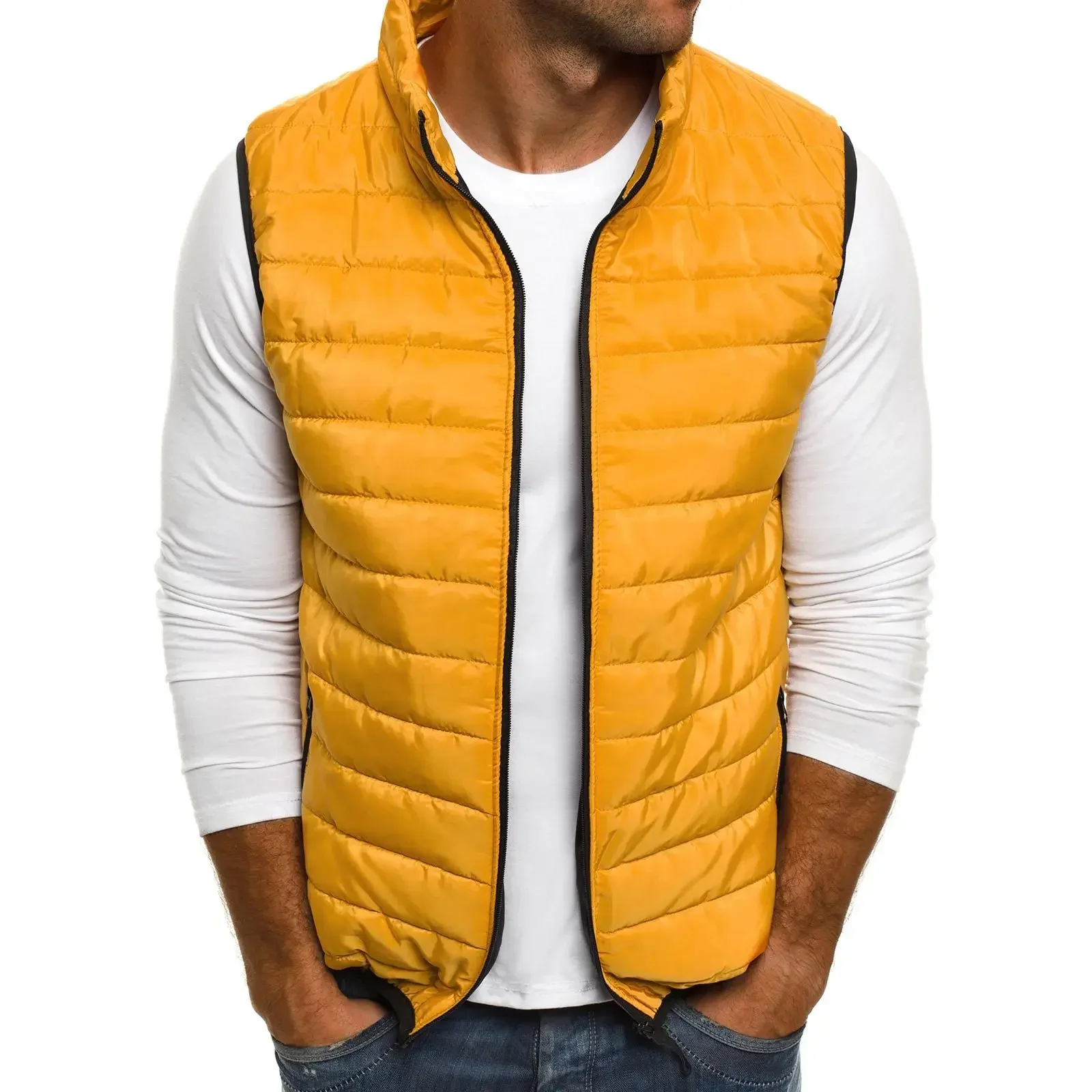 

2023 Autumn and Winter Men's Solid Standing Collar Loose Sleeveless Cotton Coat Vest Fashion Standing Collar Coat