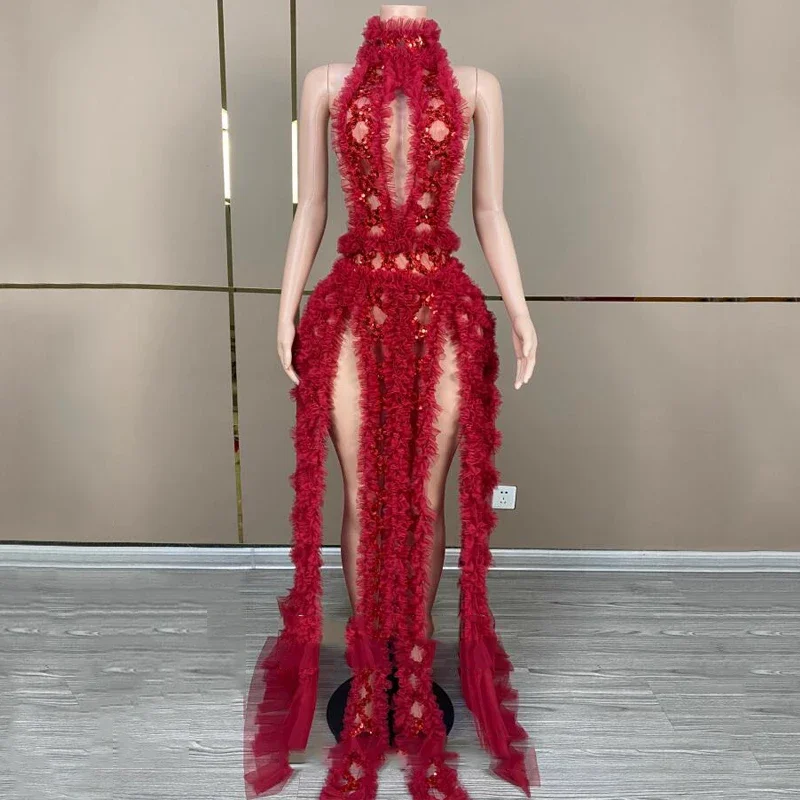 สีชมพูชุดปาร์ตี้เลื่อมเซ็กซี่ Cutout งานแต่งงานฉลองชุดผู้หญิงนักร้องเครื่องแต่งกายชุด Clubwear