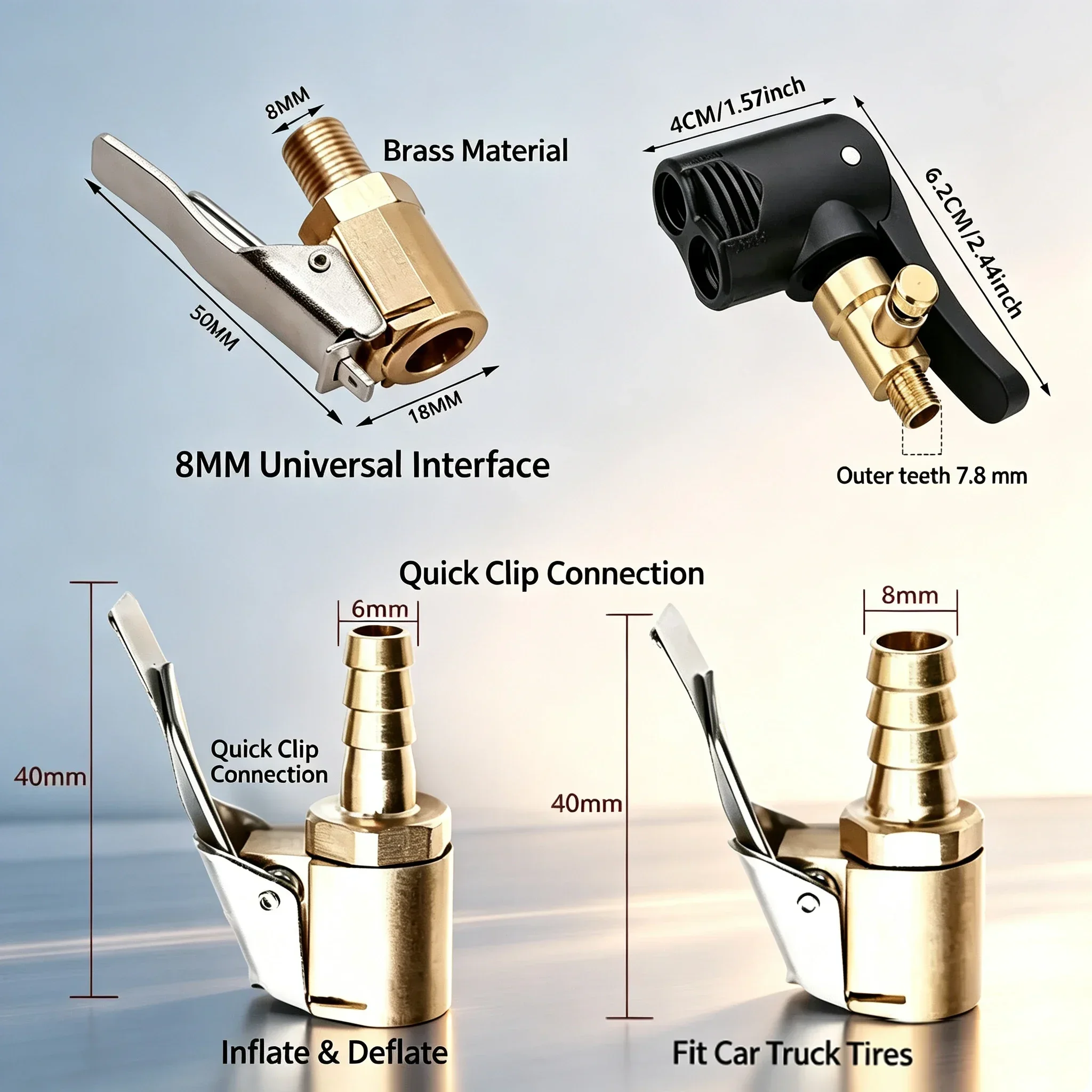 Lock on Air Chuck Inflate Locking with Clip, 1/4 Inch Brass Portable Tire Inflator Nozzle Presta Valve Adapter