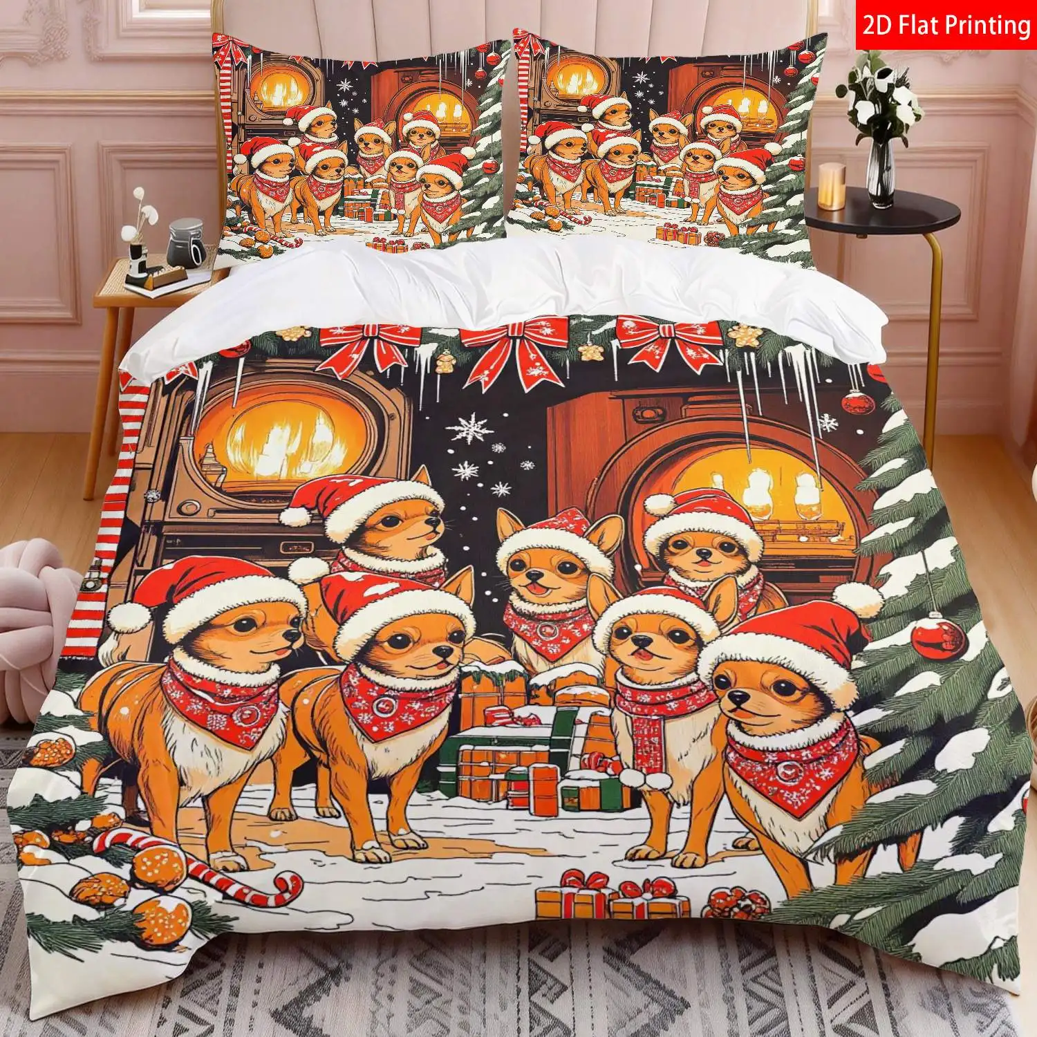 Christmas Duvet Cover Set, Cartoon Christmas Dog Duvet Cover Extra Large, Christmas Gift Bedding Set, Machine Washable 100% Polyester Duvet Cover, Ultra Soft Brushed Bedding for Bedroom Hotel Dormitory