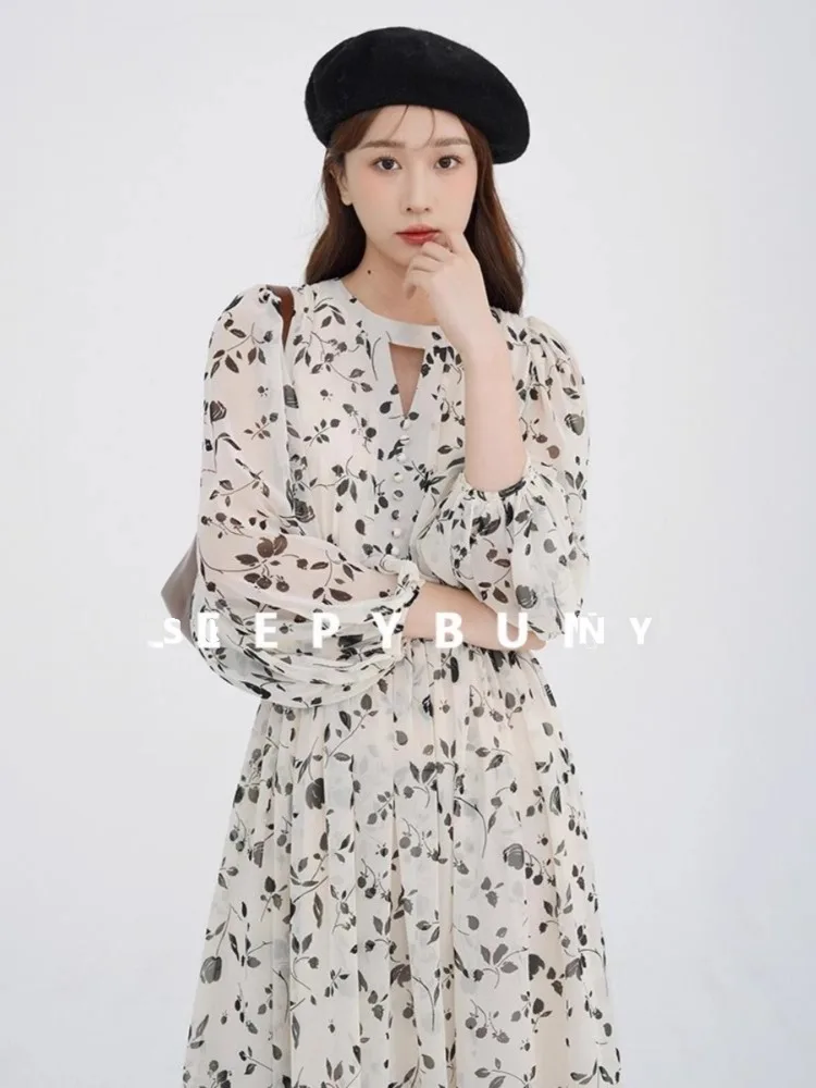 

Floral Cutout A-Line Midi Dress Women Elegant Sweet Long Sleeve Sundress Summer Korean Soft Girl Outfit Daily Wear Casual Outing